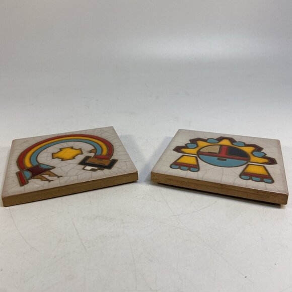 Set 2 Vintage Italian Hand Painted Ceramic Tile Trivet Native American Art 4 in - Picture 4 of 9